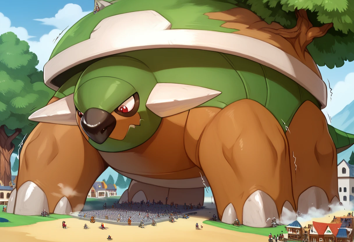 Scribble 1man, detailed, solo, alone, torterra, feral, gentle and wild, sadness, friendly growl, a human man Transformation in to a macro size Giant feral torterra face,humanity(torterra), chuppy, muscular, big strong muscle, ( black eyebrows :1.1),(perfect eyes), green fur, （artist:takemoto arashi)，paw,（ Black beard :1.3）, (Massiv:3.0, ( heavyweight ,strong,Macro, Emphasize the large size of a building)), background ((medieval Forest, the crack in the street)), a human man Transformation in to a macro size Giant hyper muscular feral ninja torterra, gives a dangerous look, rating_safe, solo, close up, growth, very cramped, trembling, walk, playfull growl, powerful and strong feral torterra, pokemon \(creature\), tree, red eyes, claws, spikes, short tail