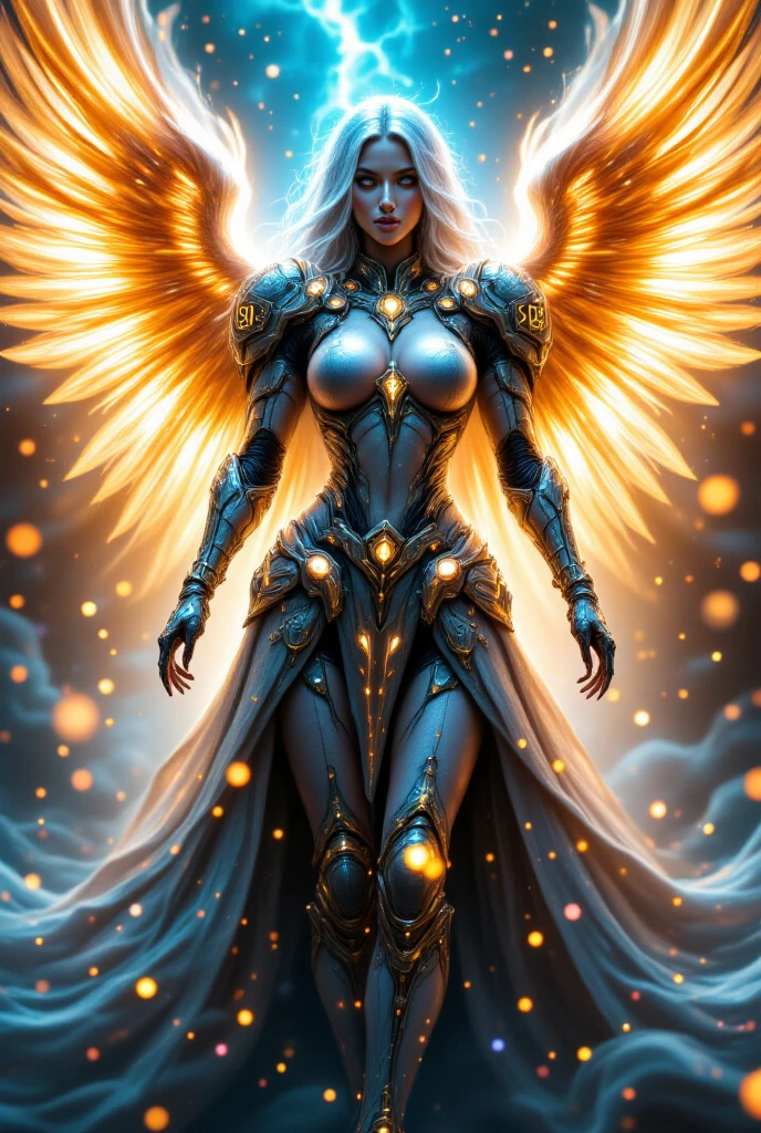 android c 18 as a holy arch angel in beautiful armor and holy magic aura with huge wings, the left wing is water wing and right wing is fire wing