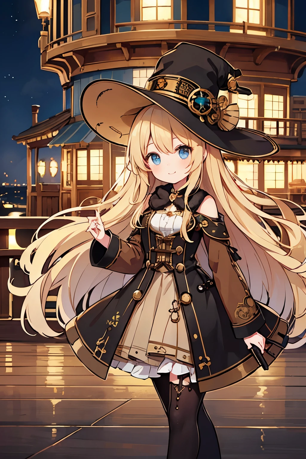 ( top quality :1.2)。steampunk。 one woman。Beautiful steampunk witch 。 long wavy blonde hair 。Strolling along the 。smile。( The background is a steampunk passenger ship promenade deck)。