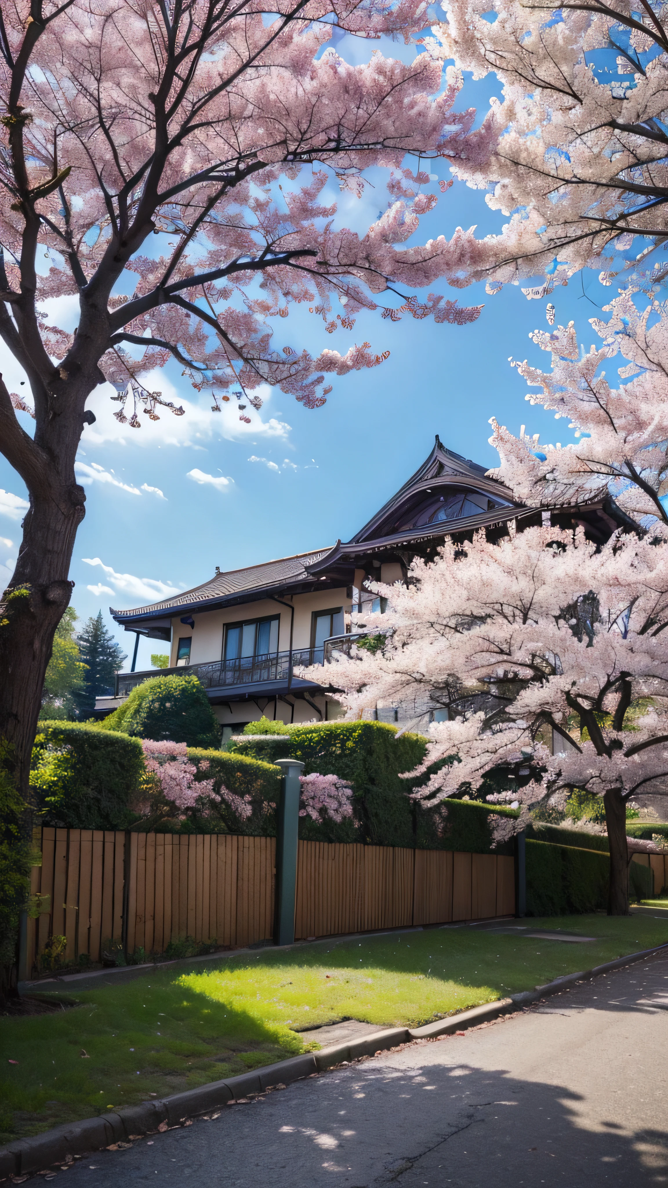 (( Ultra Realistic Details .) (masterpiece, top quality,  top quality ,  Official Art,  Beauty and Aesthetics : 1.2),  very detailed,  colorful ,  most detailed, [branch, building, Barbed wire, cherry blossoms,  fence,  long hair,  outdoor,  petals, landscape,  tree々, null, street, Genuine