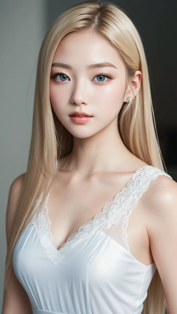 (a closeup:1.4)、(RAW shooting:1.2)、(Photorealsitic:1.4)、(masterpiece:1.3)、(top-quality:1.4)、bright expression、extremely beautyful girl、Extraordinary beautiful girl、Detailed cute and beautiful face、Beautiful bangs、Glowing white shiny skin、facial hairs、Bangs that extend to the face、Bangs between the eyes、Super long hair、Attractive light and dark platinum blonde super long straight silky hair、finer hair、Attractive glowing beautiful bright clear light blue big eyes、Luxurious dresses、Double eyelids、Lush bust、The upper part of the body、