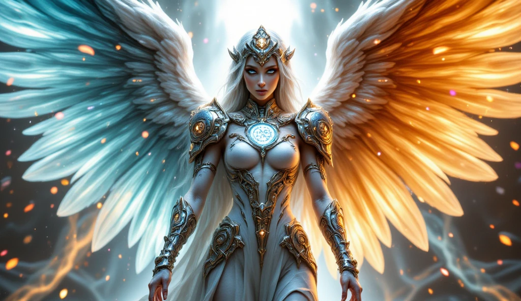 android c 18 as a holy arch angel in beautiful armor and holy magic aura with huge wings, the left wing is water wing and right wing is fire wing