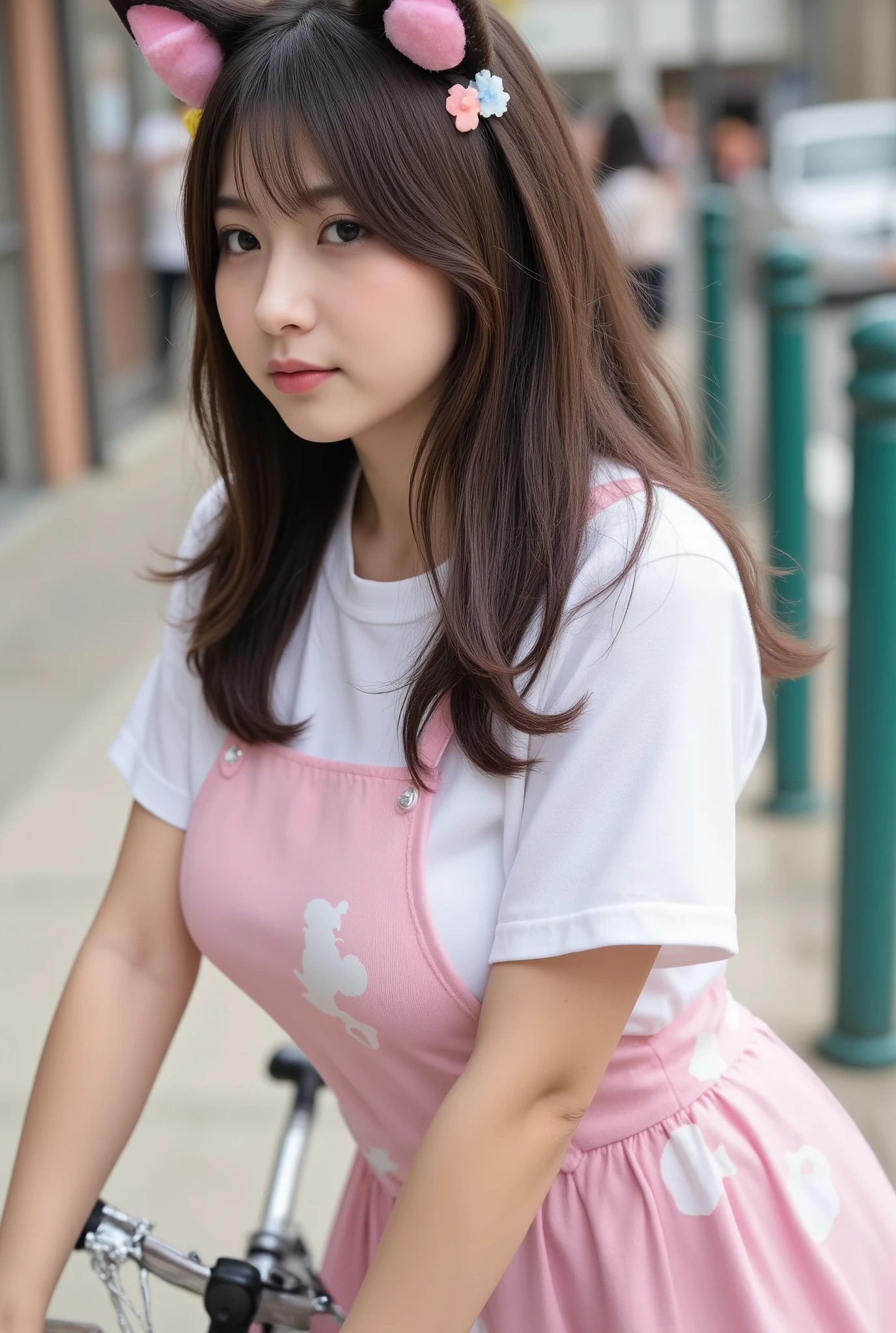 Masterpiece, 8k, Photorealistic, Wallpaper, top-quality, Beautiful Japanese High school girl, Photorealistic, Plump breast:1.3), Dynamic angle, Ride bicycle,
(cat ears:1.3), (Japanese idle:1.3)

Cow pattern pastel school uniform,