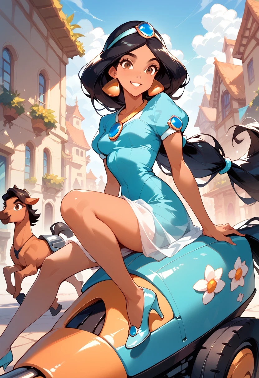 masterpiece, high res, top quality ,8k
(Princess Jasmine,dark skin,brown eyes,black hair)
smile
(riding mechanical horse)