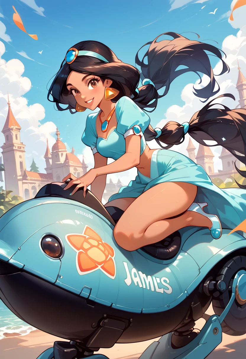 masterpiece, high res, top quality ,8k
(Princess Jasmine,dark skin,brown eyes,black hair)
smile
(riding mechanical horse)