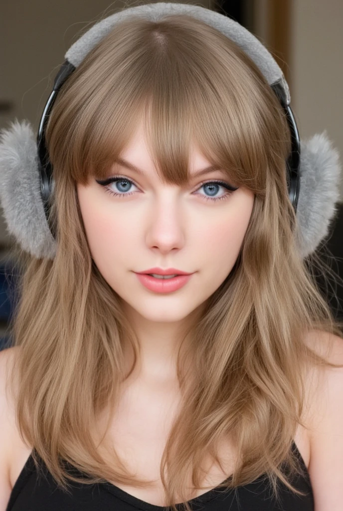 selfie of a 1 girl. Taylor swift, She has natural makeup, blue sexy eyes, small perfect nose, teenage face, natural plump lips, wavy long hair, bright hair, bangs, elegant hairstyle, fluffy headphones. No background, natural light, ultrarealistic, texture of skin, bright white skin, black top, bare shoulders, delicate smile, passport like, looking into camera, straight pose, smile.