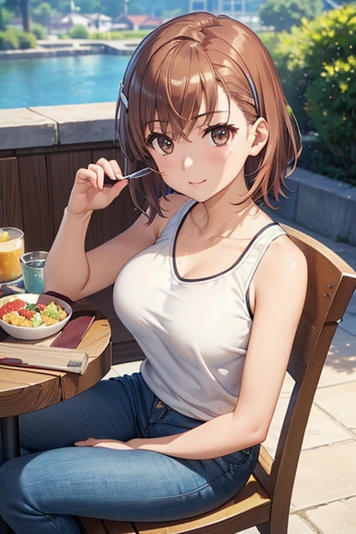 misaka mikoto、 shiny hair,  short hair, ( beautiful brown eyes、)、smile、 super detailed eyes、((hair clip)), very detailed face,  highly detailed eyes ,cowboy shot,、( One Girl )、 ,Master Piece,  top quality ,  high res, masterpiece , 



 




(masterpiece:1.2,  top quality ), 超 high res,  ULTRA DETAIL, ( realistic , photo realistic :1.4),  Beautiful illustrations ,  perfect lighting,  colorful ,  depth of field , 
 viewers because it's Shiragane in the middle of winter,  full body, Front View:0.6,  1 girl, Alone,  Japanese , university student, ( Big Breasts:0.8,  big butt ,  seductive thighs ,  skin dimentation in front of a crowd of women),
 ( Shiny Skin ), 
 beautiful hair,  beautiful faces, extremely detailed face,  beautiful detailed eyes,  beautiful collarbone,  beautiful body ,  beautiful breasts ,  beautiful thigh ,  beautiful legs,   beautiful fingers without bathing suits, 
( beautiful scenery),   knight , (【Contemporary), canteen,  dining table, Dining chair,
(( yellow tank top ,  denim mineskirt )), Bare legs,  black sports bra , 
( sitting in a chair,  hold a rice scoop with your right hand, Grab a rice bowl with your left hand ), (幸せなsmile,  open your mouth), 