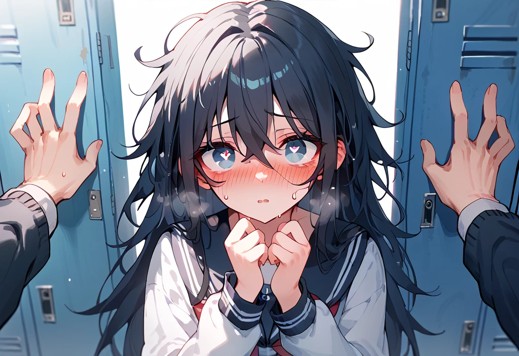 a black long haired, woman, messy hair style, school uniform, shy, blushing, looking at viewer, startled, looking from top, heart pupils, heavy breathing, kabedon, pov hands, school locker.