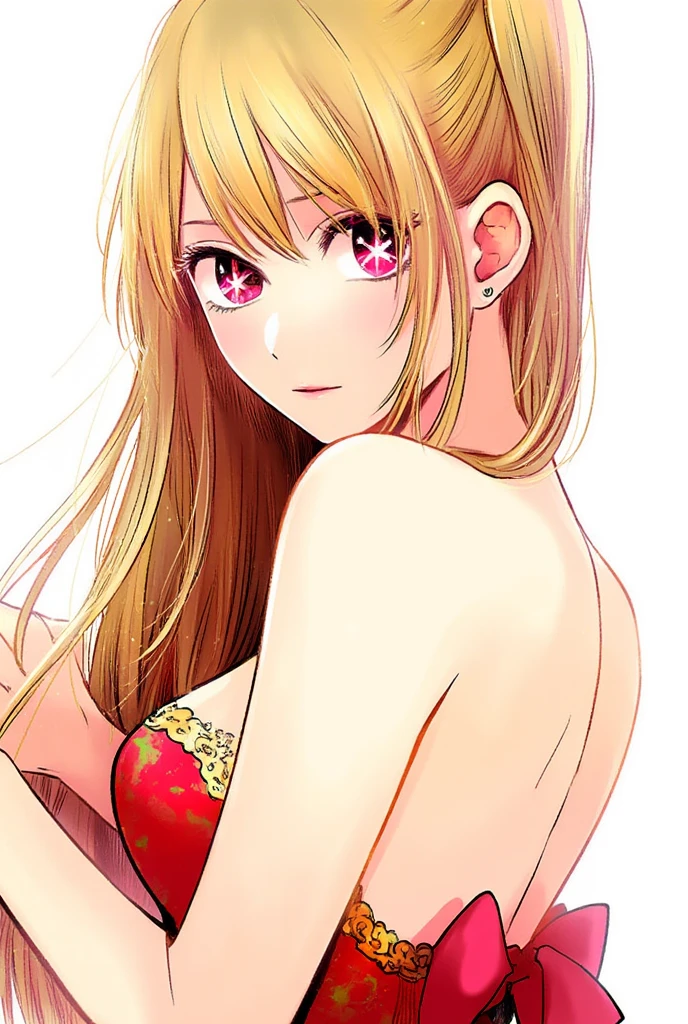 Mengo Yokoyari style image of hoshino-ruby, backless china dress, gold decoration dress, star-shaped pupils, ruby_hoshino, blonde very long hair, one side up, streaked hair, bangs, hair between eyes, pink and red eyes, finely detailed skin, small breasts, 1girl, 