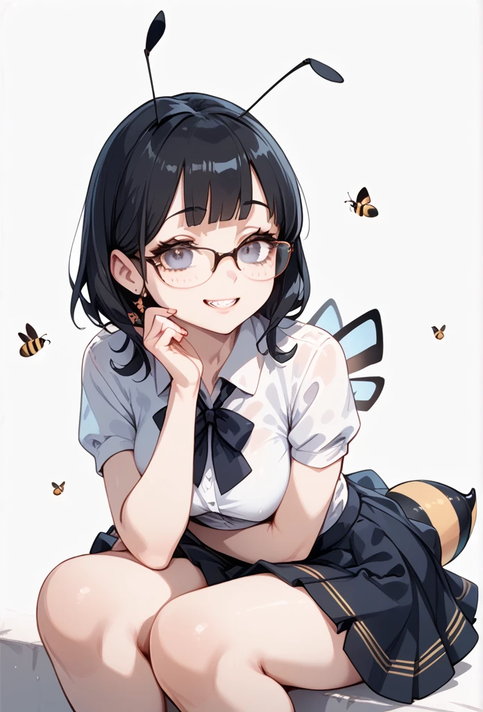 Black hair, glasses, bee woman, monster, scary bee woman, wearing a skirt