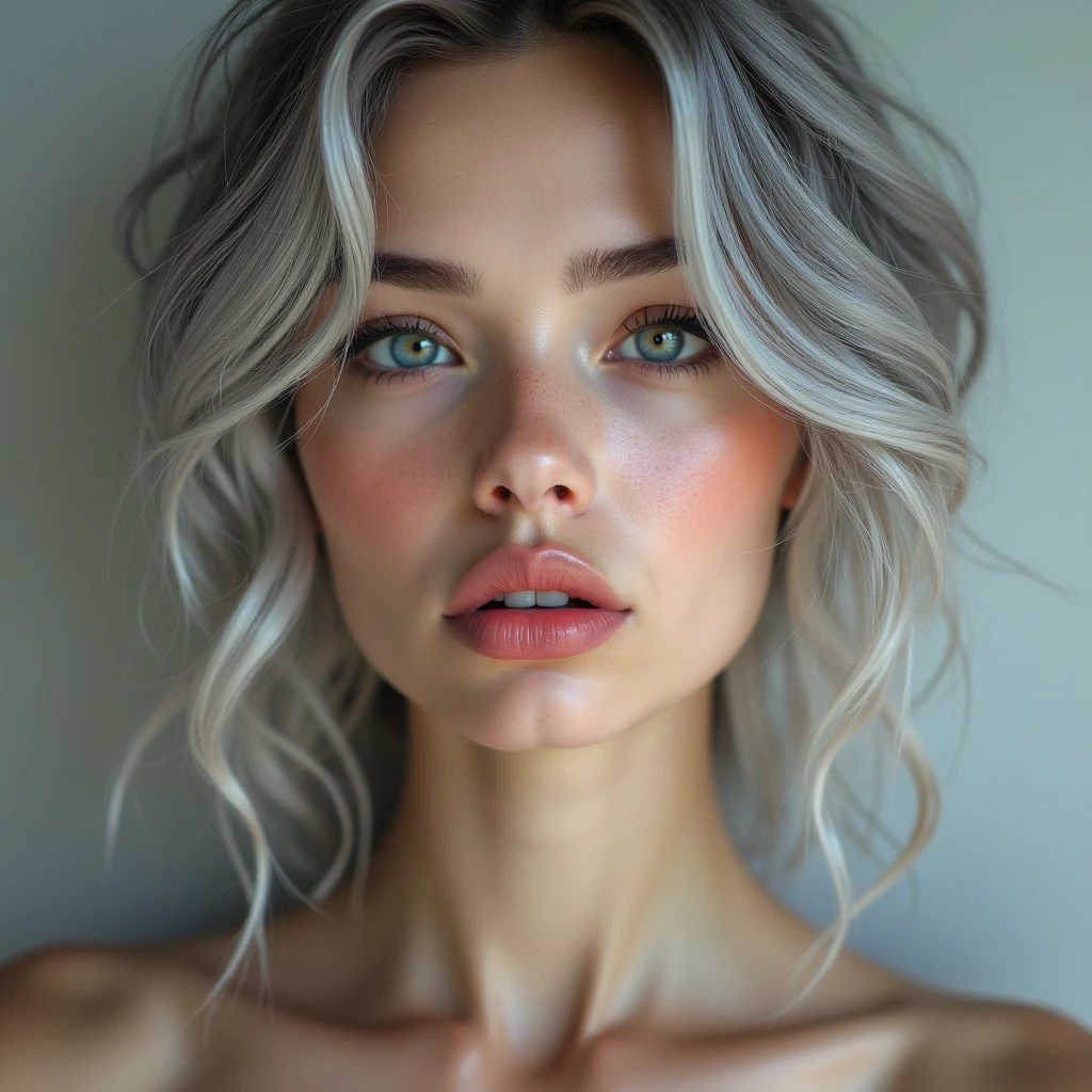 Beautiful girl with white skin, light gray hair, professional photo, 4K, a high resolution, high detail, aesthetically pleasing, Beautiful, realistic, looks straight into the camera, against the backdrop of a dark living room