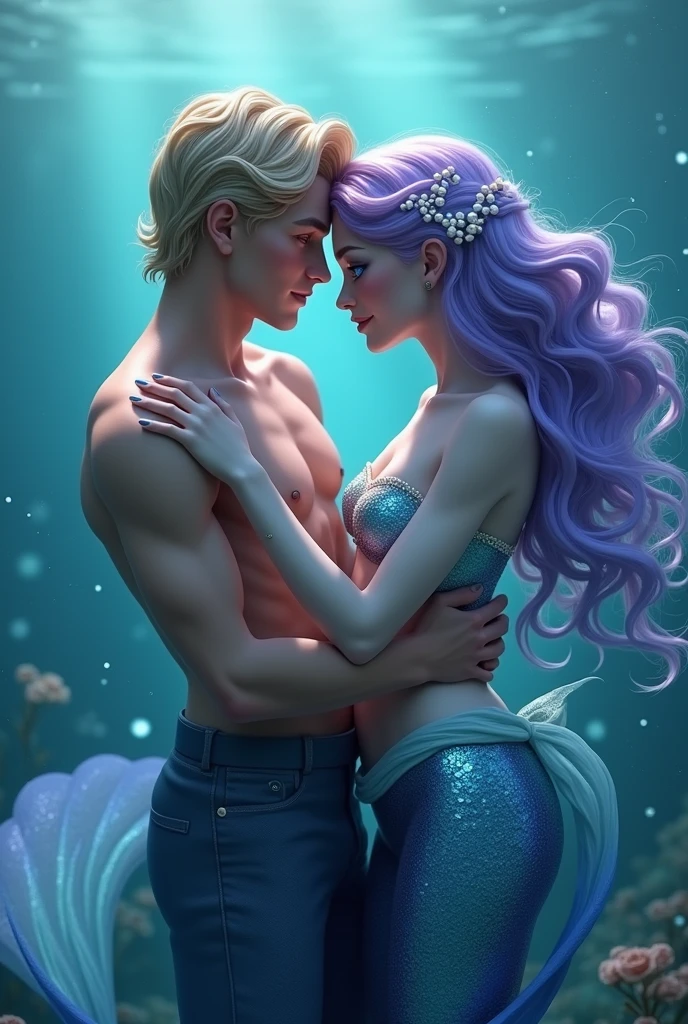 Man and woman, staring intently to eyes. No one look at front. Man Hugging woman from back and kissing, Lovers. Hand on the waist. Hand on the neck. The girl is a beautiful mermaid on the sea with red tails. 
20-year-old boy and 18-year-old girl. Detailed face, Detailed eyes, double eyelid, cute, sunny, warm vibes, Handsome-cool-warm-boy with brown hair and hot-seductive-sexy-cute-beautiful-girl with brown hair and blushing face. Intimate vibes. 
