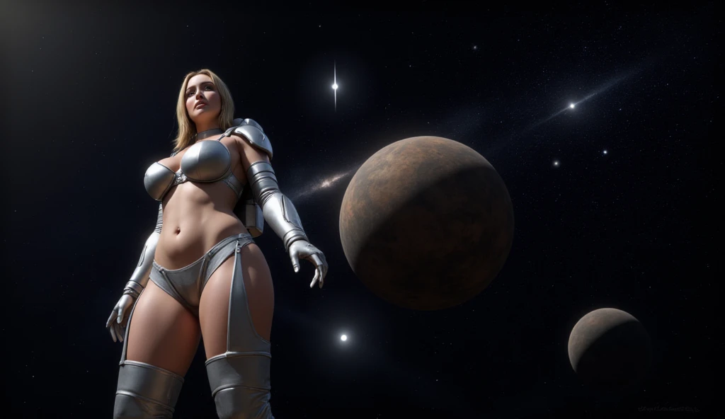 28 years old Spanish woman, ((full body)), ((nude)), ((heavily armored space commander)), beautiful chest, standing with her legs spread apart in the space ship in deep space far from the galaxy, no planet and no moon around there, fighting the huge alien space ship, milky way outside of the ship, zoom in from below