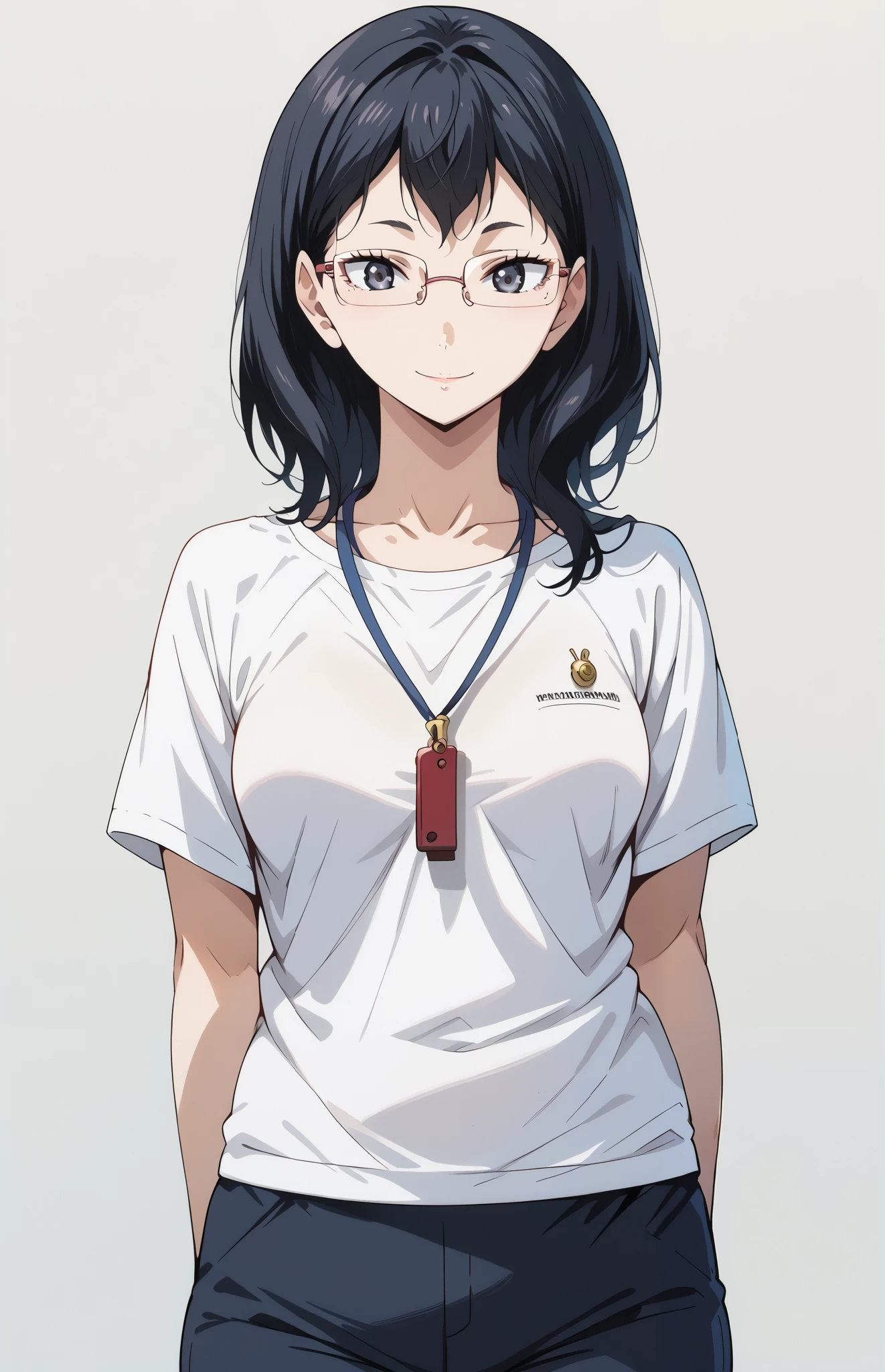 score_9, score_8_up, score_7_up, source_anime, 4K,perfect fingers,(perfect hands, perfect anatomy),prefect lighting, very aesthetic, intricate details,highly detailed background, masterpiece, high quality, best quality,
kiyoko shimizu, medium hair, black hair, glasses, mole, black eyes, mole under mouth, medium breasts,,
wearing ((collarbone,whistle around neck, )),
looking at the spectator, cowboy shot, filed, Arms Behind Back, high thigh individual , (large breasts:0.9),Stand up,fullbody,((White plain background:1.5)) ,smile,((front look:1.5)),