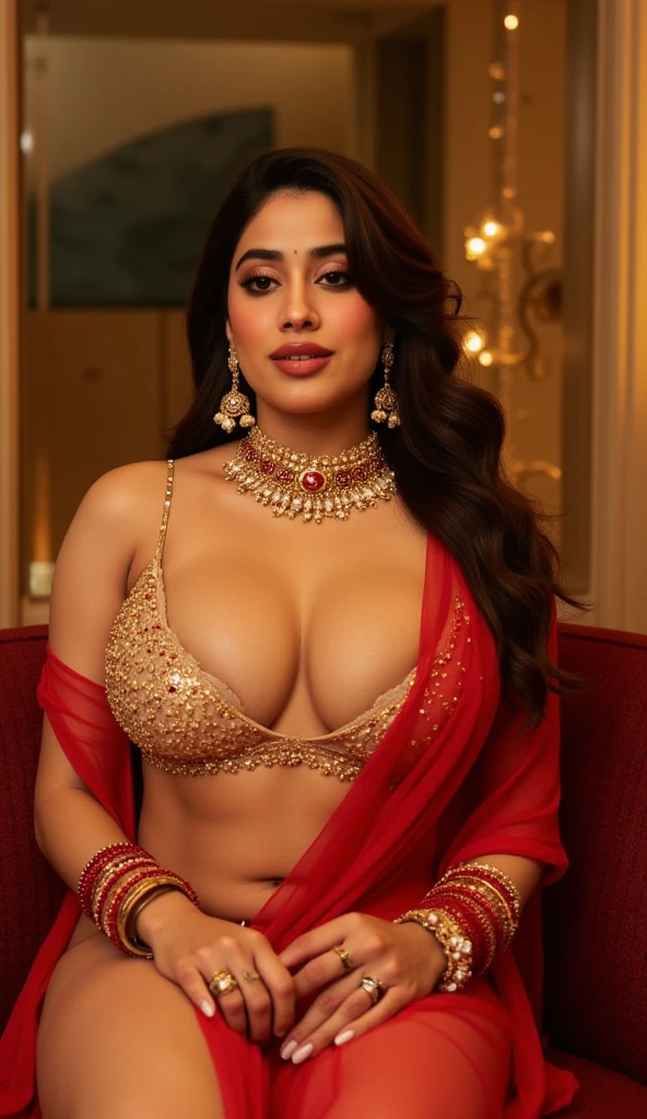 Generate a realistic photograph of Bollywood actress, the Sexy goddess . Wearing golden armbands, wearing plenty of red and white bangles in one hand and Smart watch in other hand, Beautiful choker necklace,Anklets in legs,Capture her charisma,round breast and sexy voluptuous . Picture a moment that reflects her charisma, Showing deep cleavage in low cut  in a sexy western sultry attire.Heavenly beauty with alluring pose.Full body image,(best quality, masterpiece:1.3), (detailed:1.2)Full body image,(best quality, masterpiece:1.3), (detailed:1.2),1girl, solo, flirt, seduce pose, pleasure expression, languid breathing,1girl, Solo, High Resolution, Long Hair, Breasts, Looking at viewer, Blush, Smile, High Resolution, Masterpiece, Accurate, Anatomically Correct, Award Winning, Best Quality, Detail, HD, High Details, High Quality, Quality, Retina, Super Detailed, Textured Skin, UHD, Long Hair, Breasts, Large breasts, Earrings, Blush, Smile, Blurry, Sparkle, Depth Of Field, Motion Lines, Foreshortening, Lens Flare, Backlighting, Emphasis Lines, Motion Blur, Silhouette, Speed Lines, Bokeh, Film Grain, Drop Shadow, Diffraction Spikes, Bloom, Caustics, Vignetting, Scanlines, Overexposure, Optical Illusion, Chiaroscuro, Image Fill, Chromatic Aberration Abuse, Cinematic Lighting, God Rays, Glowing Light, Halftone, Abstract, Ukiyo-e, Minimalism, Impressionism, Minimalism, Illustration, Art Deco, 8K Octane, 3D Rendering, Abstractionism, Abstract Expressionism, American Propaganda Poster, Anime Style, Apocalypse, Art Nouveau, Baroque, Artistic, Baroque, Behance, Blind Box Toy Style, ,(cinematic:1.3), intricate details, (ArtStation:1.2). Sitting on a Couch of Bollywood movie award function  showing toned legs.