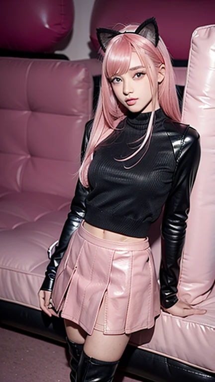 r with pink hair, slim model, Leather BH, pink pleated Leather skirt, Leather arm warmers, knee-high Leather boots, cat ears, bouncy castle, realistic, standing
