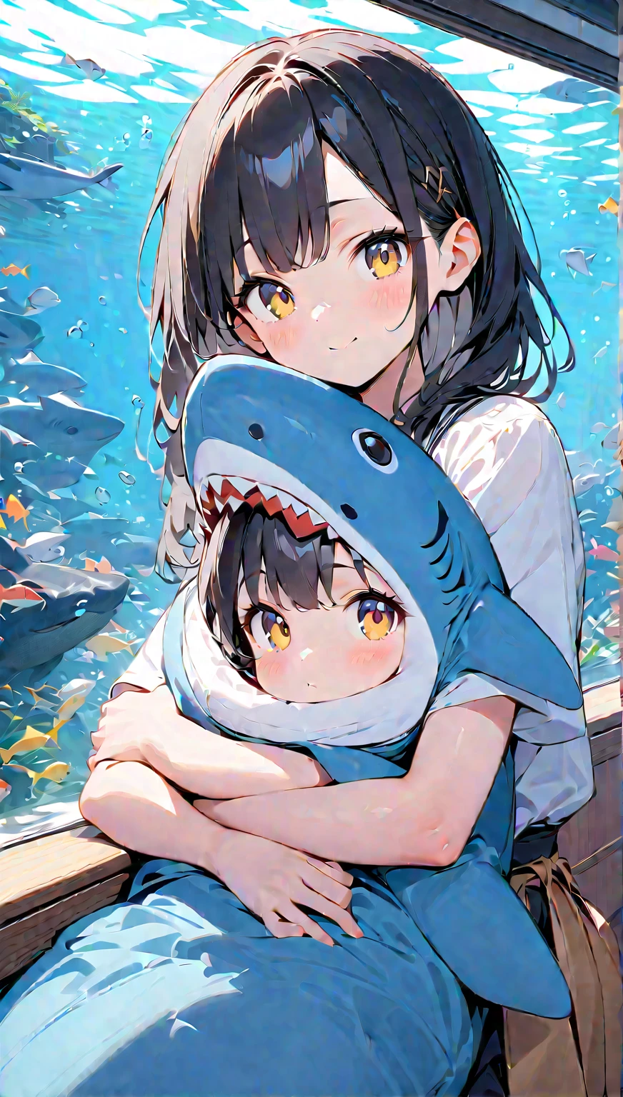 Light color,(( amazing irrational)),超 high res, Attention to Details , High Quality , high res, 最 High Quality , 4K, 8k, Embrace a stuffed shark、 cute、 black hair、 shortcuts、Aquarium Background、Twin girls、8 years old2people、A girl with blue and yellow eyes