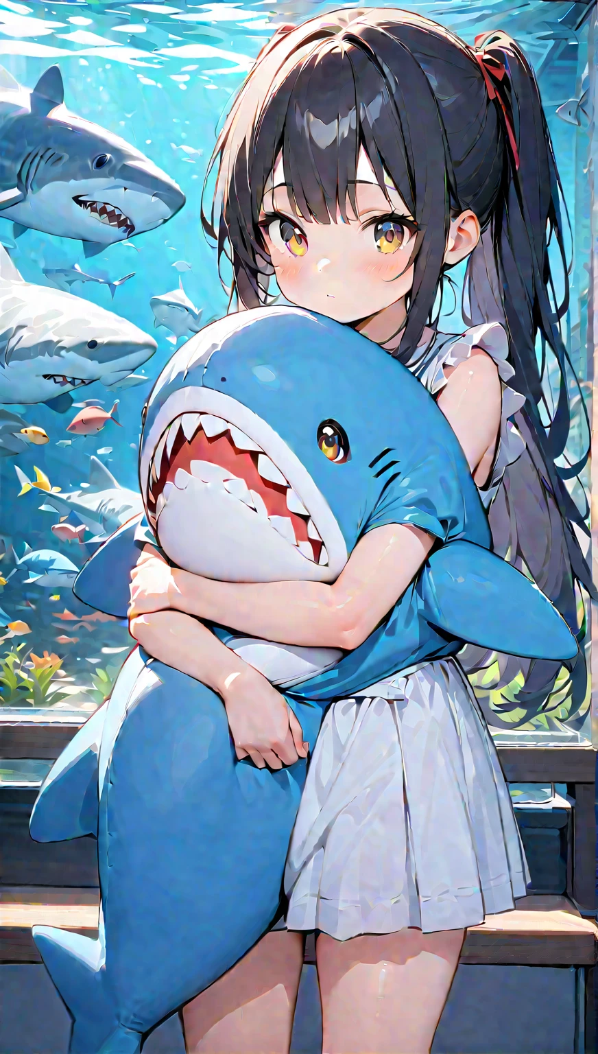 Light color,(( amazing irrational)),超 high res, Attention to Details , High Quality , high res, 最 High Quality , 4K, 8k, Embrace a stuffed shark、 cute、 black hair、 shortcuts、Aquarium Background、Twin girls、8 years old2people、A girl with blue and yellow eyes