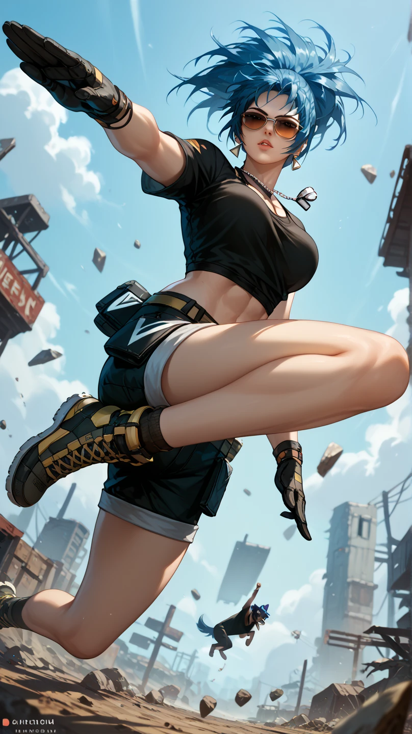 woman, curly red pixie cut hair, green eyes, wearing crop top black shirt, long black jacket, red plaid skirt, (black knee high boots), black fingerless gloves, exposed shoulders, (full body), large breasts, thick thighs, freckles, cleavage, abs, looking at viewer, masterpiece, best quality, an14, Holo-Punk Style