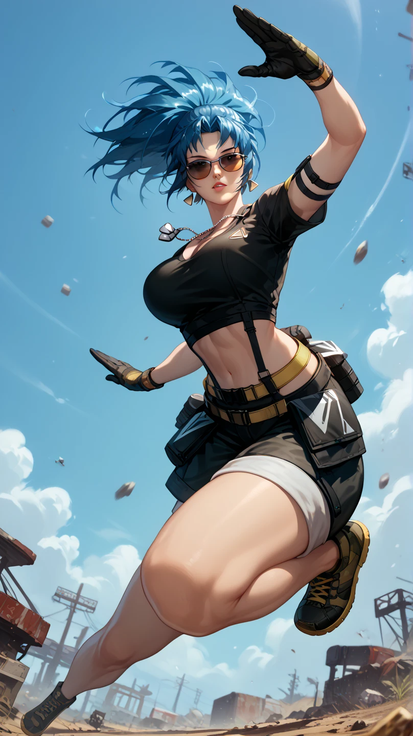 Sexy leona heidern,  Dark blue hair , triangle earrings, dog tags,  on a wasteland, pose sexy,  with sunglasses,  black sleeveless t-shirt with yellow details fitted, jumping and attacking , View from below, 