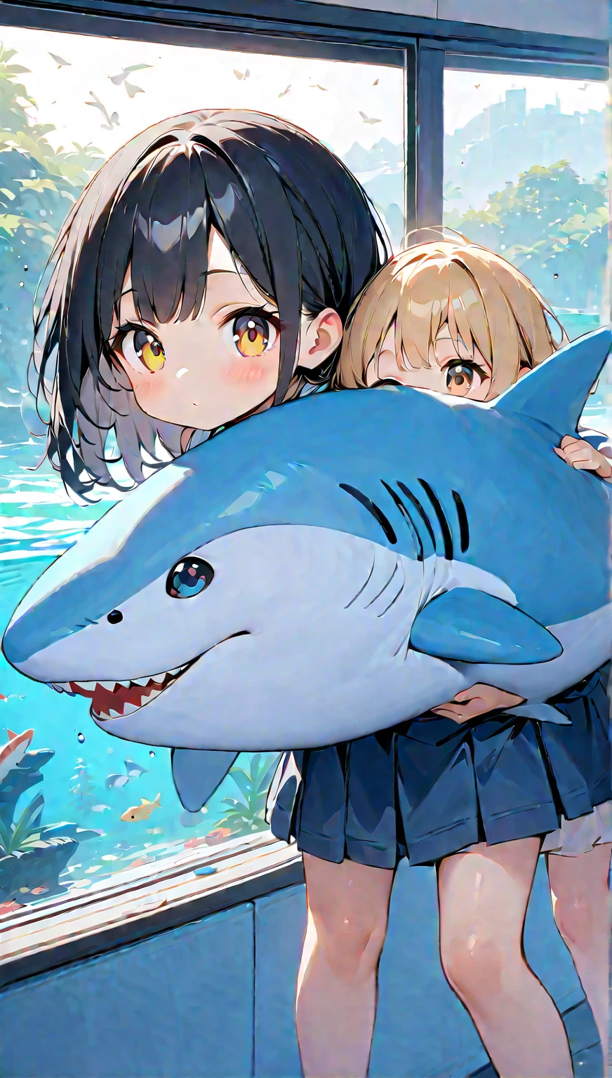 Light color,(( amazing irrational)),超 high res, Attention to Details , High Quality , high res, 最 High Quality , 4K, 8k, Embrace a stuffed shark、 cute、 black hair、 shortcuts、Aquarium Background、Twin girls、6 years old2people、A girl with blue and yellow eyes