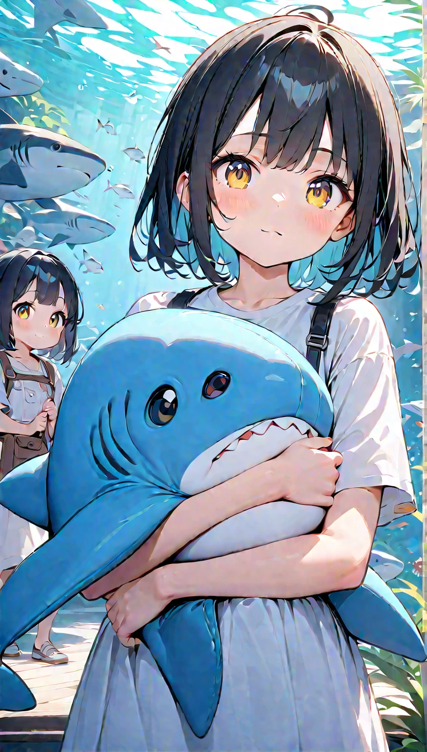 Light color,(( amazing irrational)),超 high res, Attention to Details , High Quality , high res, 最 High Quality , 4K, 8k, Embrace a stuffed shark、 cute、 black hair、 shortcuts、Aquarium Background、Twin girls、6 years old2people、A girl with blue and yellow eyes