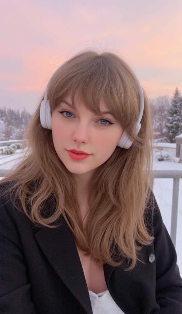 selfie of a 1 girl. Taylor swift, She has natural makeup, blue sexy eyes, small perfect nose, teenage face, natural plump lips, wavy long hair, bright hair, bangs, elegant hairstyle, white headphones. on balcony, snowing, pink sunset, natural light, ultrarealistic, texture of skin, bright white skin, black coat, white skirt, delicate smile, instagram model, looking into camera, sexy pose, smile.