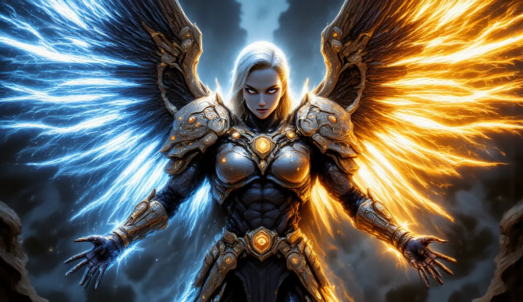 android c 18 as a holy arch angel in beautiful armor and holy magic aura with huge wings, the left wing is water wing and right wing is fire wing