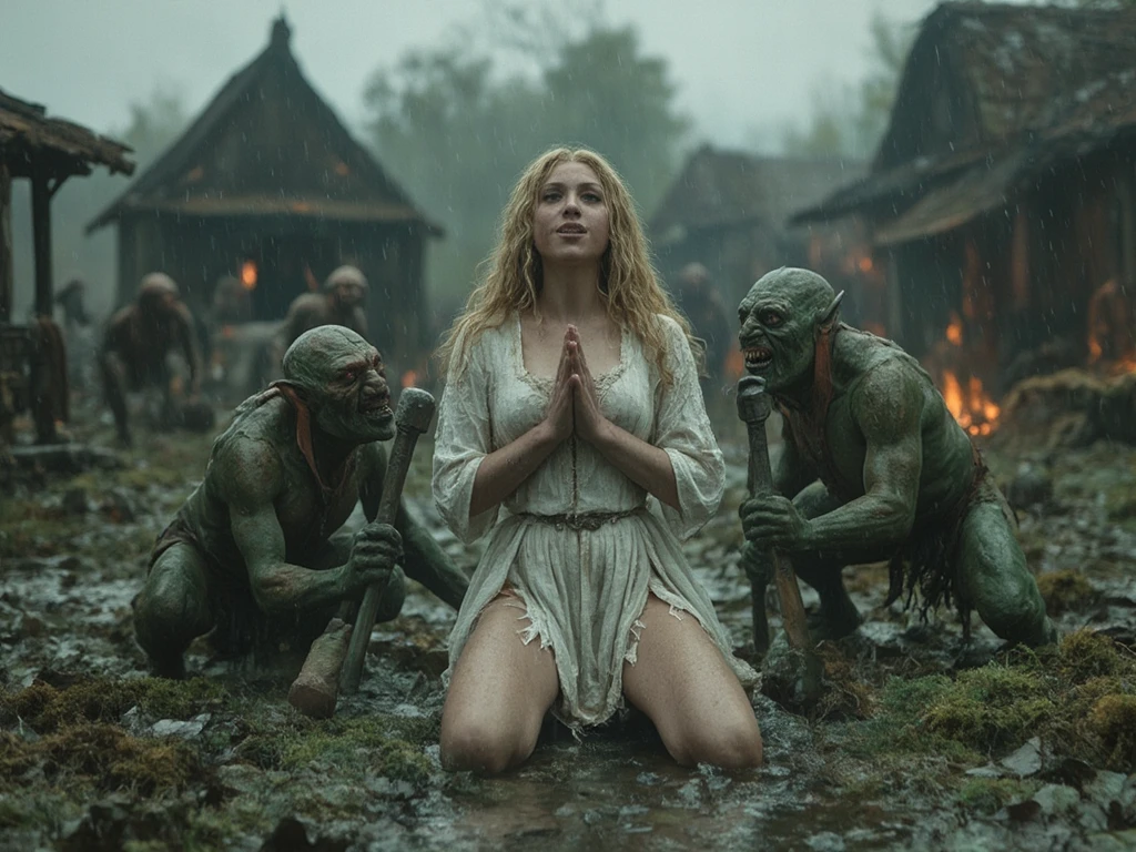 Part 6 : (( high resolution,  ultra-detailed frame )),  ((  focusing on the subtle details and atmosphere of the stage))spring,  Rainy weather , medieval themes, all characters are visible in the frame, arras: - fat , green, naked with huge clubs in her hands ,  have sharp teeth , long claws, A vile face. 
 1- In the background We see a burning village in a swamp ,  the square with a stone well in the center of the square ,  small burning wooden houses covered with moss;
- naked women in the background , Torn clothes,  kill creatures ,  goblins ;
 - three goblins surrounded the blonde girl in a torn dirty and wet medieval white blouse and a torn white skirt revealing her bare feet wet and dirty in the swamp,  with a beautiful face blond curly ,  long hair,  pale pink skin ,  skinny girl with big beautiful breasts, round ass , , the girl is kneeling with her legs wide open ,  with her hands pressed to her chest in a praying position ,  on the very beautiful face of a girl with plump beeps and reddened cheeks in temples , fear and despair are expressed .