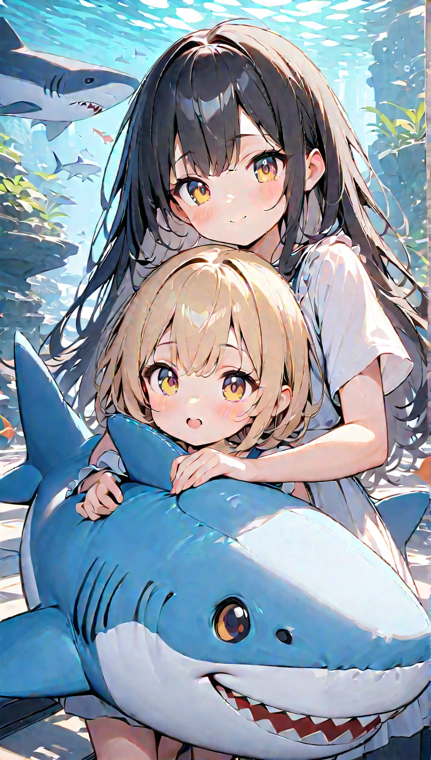 Light color,(( amazing irrational)),超 high res, Attention to Details , High Quality , high res, 最 High Quality , 4K, 8k, Embrace a stuffed shark、 cute、 black hair、 shortcuts、Aquarium Background、Twin girls、6 years old2people、A girl with blue and yellow eyes 、 holding hands、