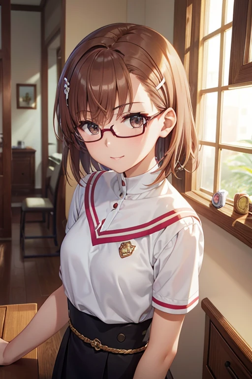 misaka mikoto、 shiny hair,  short hair, ( beautiful brown eyes、)、smile、 super detailed eyes、((hair clip)), very detailed face,  highly detailed eyes ,cowboy shot,、( One Girl )、 ,Master Piece,  top quality ,  high res, masterpiece , 



 




/ top quality 、masterpiece、High sensitivity、 high res、 detailed description 、 slender woman 、Glasses、 beautician 、Cut and Palm、