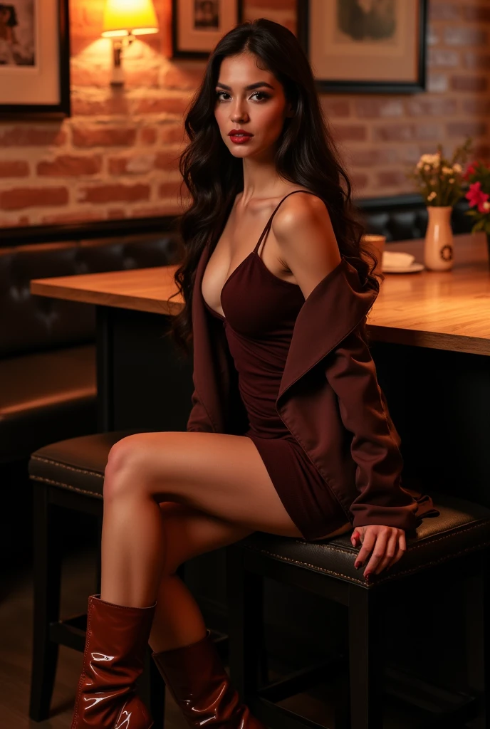 Ana de Armas dans un style analogique, avec diffusion souterraine, Featuring a realistic masterpiece of the best quality, ultra-realistic in 8K resolution with golden ratio and intricate subtleties. The image has high detail, A hint of soft focus, Raw Photo Aesthetics, with object-like quality, Use of a high level of skin detail (1.2) for ultimate realism. Photography is captured in 8K Ultra High Definition (UHD) with a DSLR camera, Featuring soft lighting for a high-quality look. The image incorporates the nostalgic grain of the film for a classic feel, as if it had been taken with a Fujifilm XT3 camera. Dans le portrait, The young Ana de Armas is elegantly dressed in a comfortable black dress, exuding a warm smile. The image is a full-body shot, with Ana sitting at a table in a restaurant, depicting her in a natural and relaxed environment.