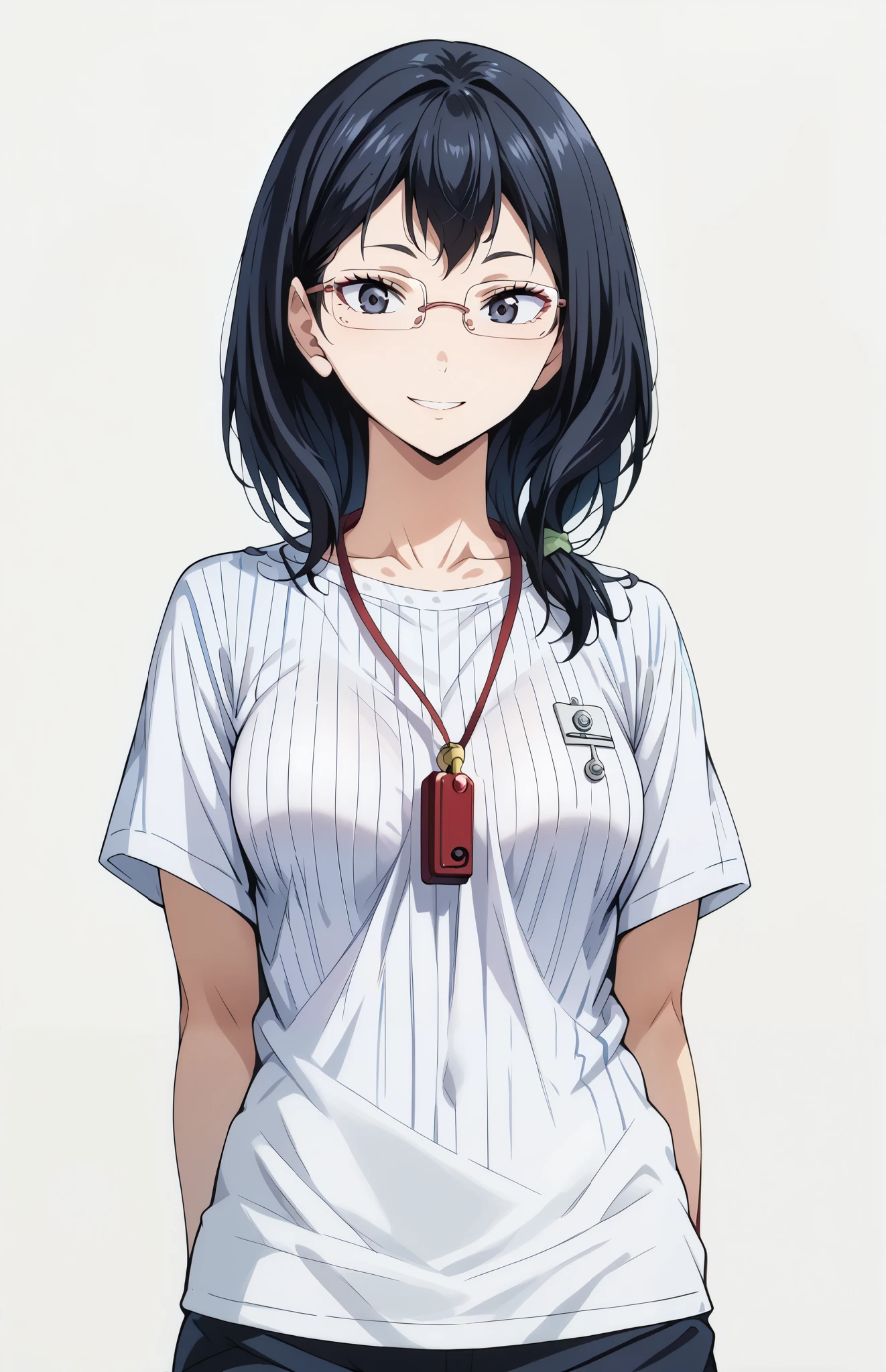 score_9, score_8_up, score_7_up, source_anime, 4K,perfect fingers,(perfect hands, perfect anatomy),prefect lighting, very aesthetic, intricate details,highly detailed background, masterpiece, high quality, best quality,
kiyoko shimizu, medium hair, black hair, glasses, mole, black eyes, mole under mouth, medium breasts,, 
wearing ((collarbone,whistle around neck,vertical-striped shirt, )),
looking at the spectator, cowboy shot, filed, Arms Behind Back, high thigh individual , (large breasts:0.9),Stand up,fullbody,((White plain background:1.5)) ,smile,((front look:1.5)),