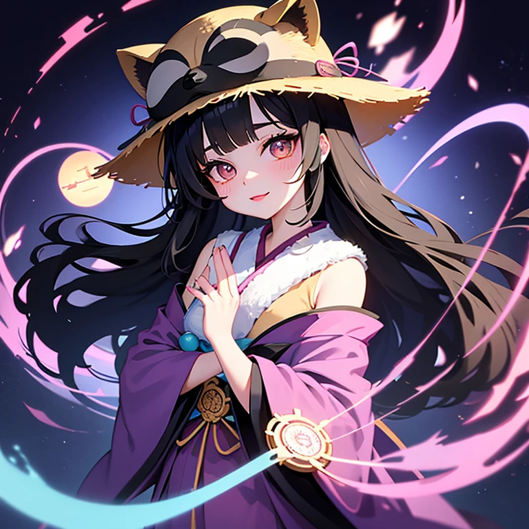 Raccoon dog hat  , long black hair , Amber Eyes ,baby face,  pink lips,  beautiful blue Japanese kimono  , Hold a magic circle that floats on your hand,