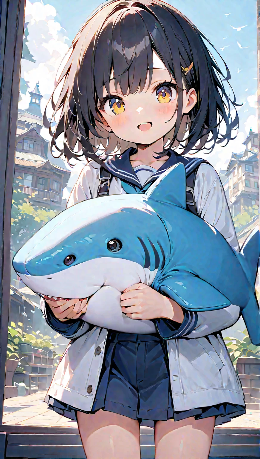 Light color,(( amazing irrational)),超 high res, Attention to Details , High Quality , high res, 最 High Quality , 4K, 8k, Embrace a stuffed shark、 cute、 black hair、 shortcuts、Aquarium Background、Twin girls、6 years old2people、A girl with blue and yellow eyes 、 holding hands、The height of ren who are the same age 、 does not change