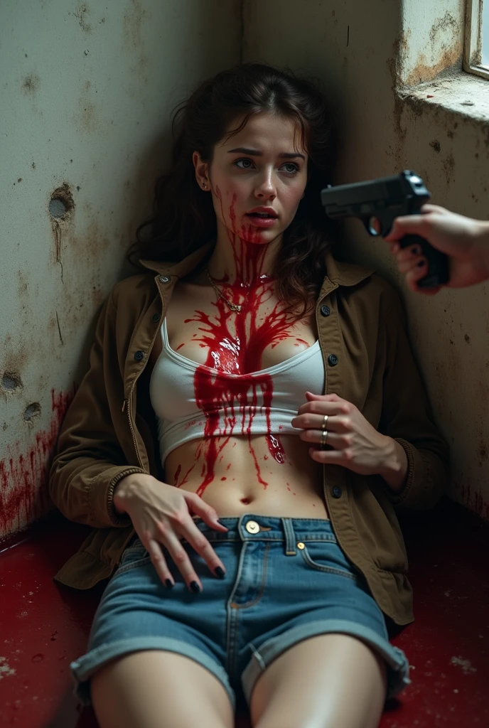 lying on an old stretcher, She has a horrified expression because she is kidnapped., She is wearing a skirt, an open green jacket, and on his chest he has some old bandages with dried blood, and below them come out 2 cables that connect to a car battery that is next to it, and has his abdomen uncovered, revealing her navel, Terrified girl stares at the battery., Grab the cables with one hand and pull them., Feeling a sharp pain in the chest and letting out a scream. With her head and gaze fixed on his chest, she grabs the bandages with her hands and begins to tear them apart. She has her hands on his chest, clutching the bandages.