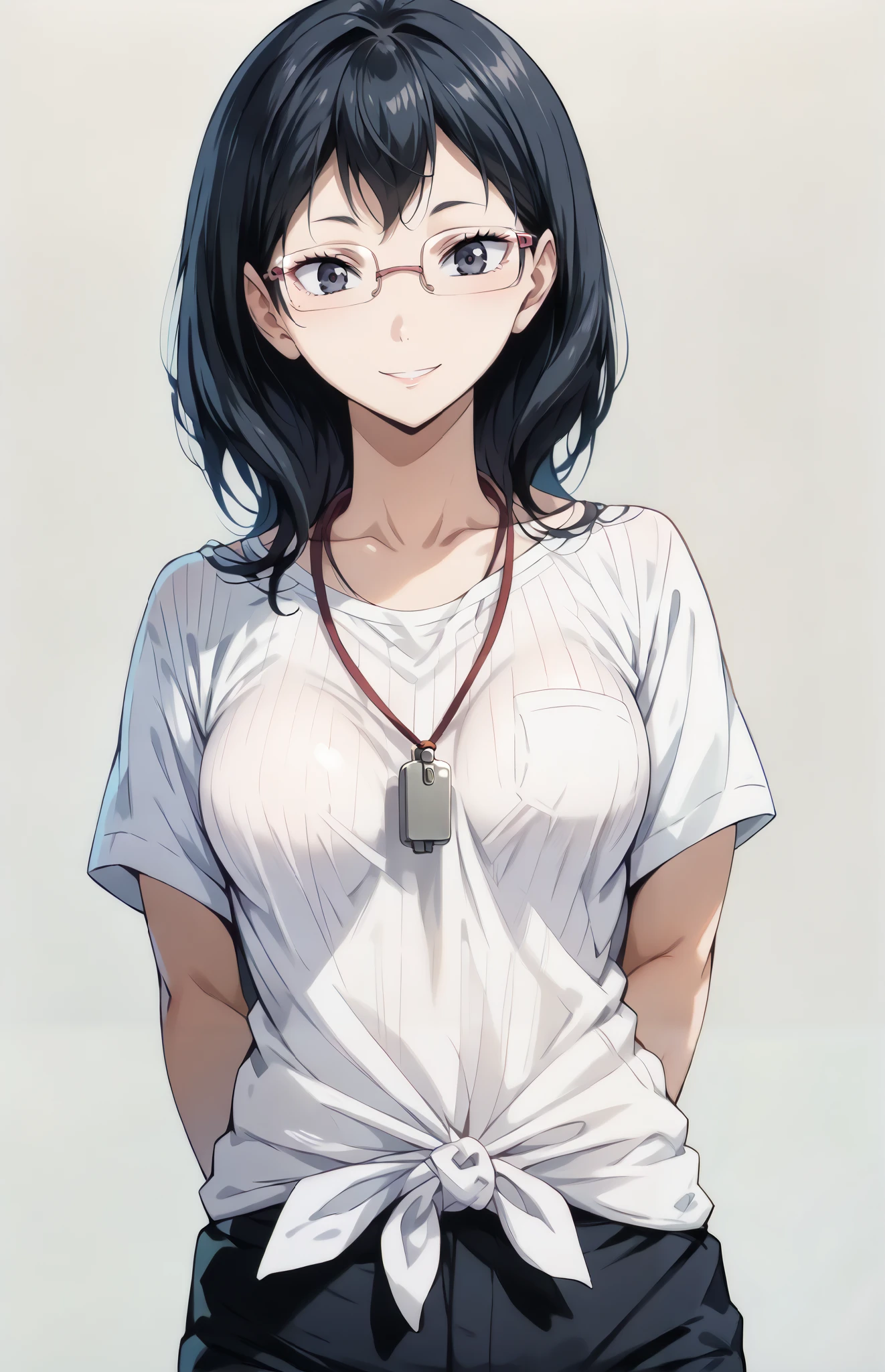 score_9, score_8_up, score_7_up, source_anime, 4K,perfect fingers,(perfect hands, perfect anatomy),prefect lighting, very aesthetic, intricate details,highly detailed background, masterpiece, high quality, best quality,
kiyoko shimizu, medium hair, black hair, glasses, mole, black eyes, mole under mouth, medium breasts,,
wearing ((collarbone,whistle around neck,vertical-striped shirt,tied shirt, )),
looking at the spectator, cowboy shot, filed, Arms Behind Back, high thigh individual , (large breasts:0.9),Stand up,fullbody,((White plain background:1.5)) ,smile,((front look:1.5)),