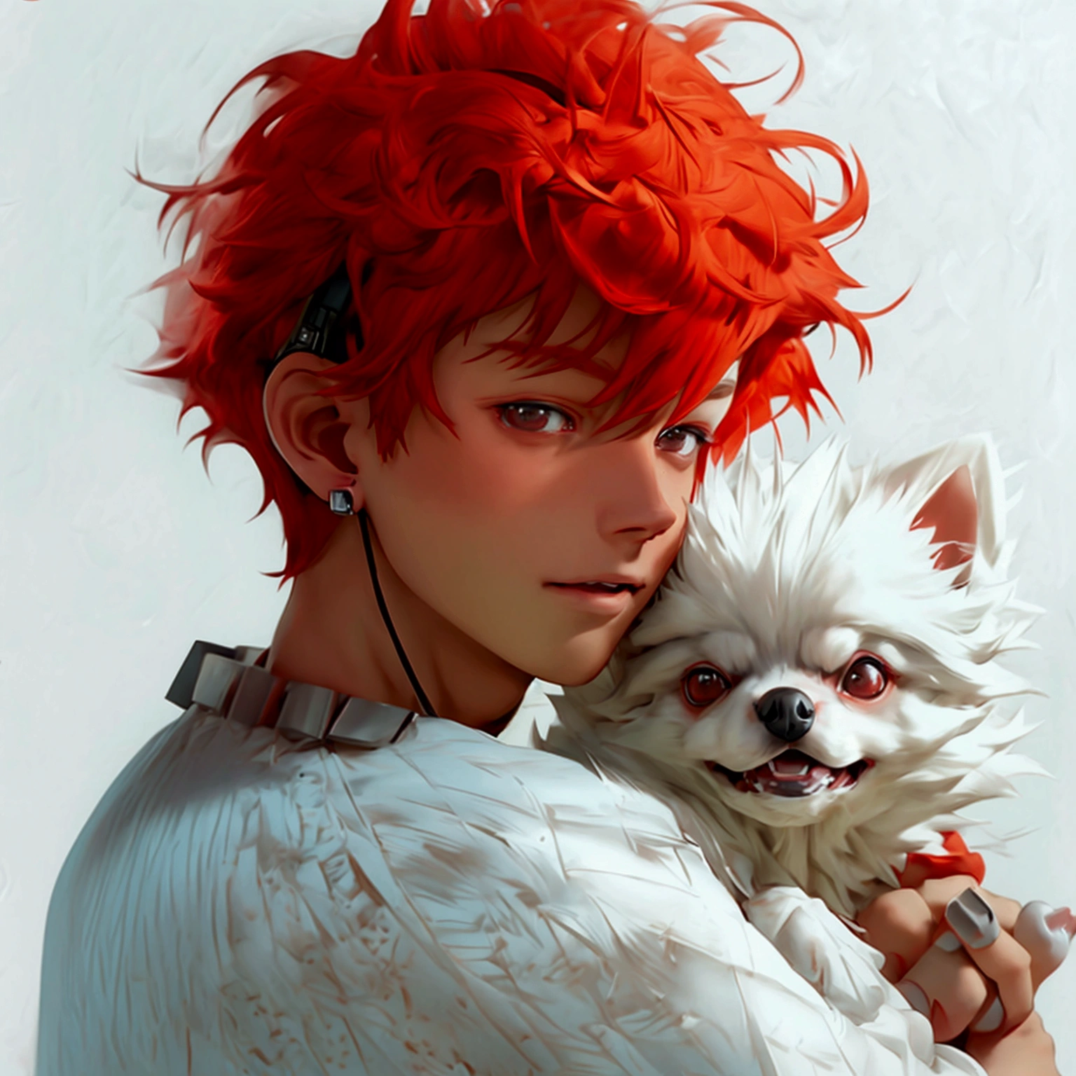 " A young man with bright red hair , bright skin, and the soft expression , wearing an oversized white sweater .  He wears silver headphones around his neck and has earrings in his left ear .  The man hugs an adorable-looking white fluffy Pomeranian dog.  The background is plain white ,  gives full focus to the character of the man and his dog ."

