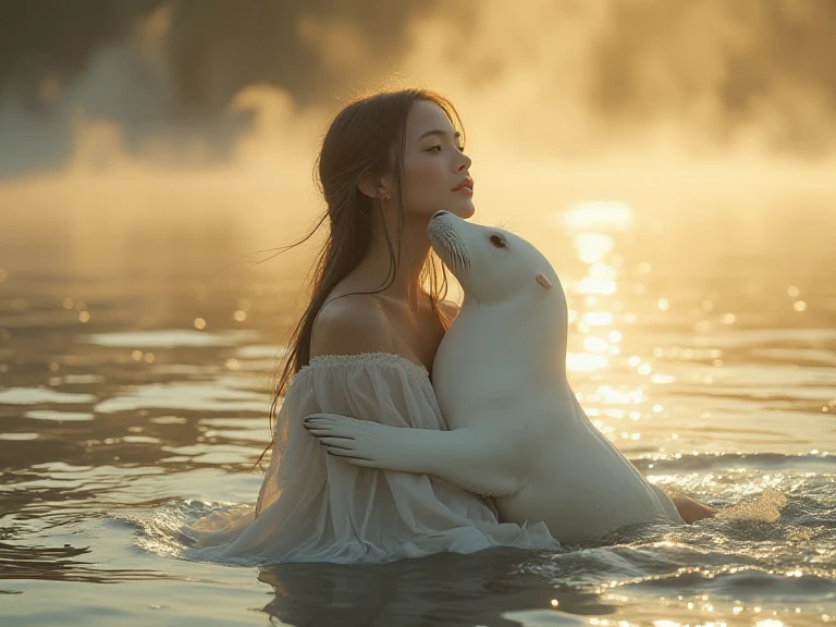 "A woman emerging gracefully from a calm, shimmering body of water, wearing a simple, delicate, thin white dress that clings lightly to her figure, with soft, natural folds. She has long, flowing hair, and her expression is peaceful and serene. Beside her, a white seal climbs out of the water and tenderly wraps its flippers around her in an affectionate embrace, its smooth, sleek fur glistening under the soft sunlight. The scene captures a harmonious moment, filled with a mystical and magical atmosphere. The setting is natural, surrounded by mist rising from the water, with the golden light of dawn or dusk casting gentle rays on the woman and seal. The colors are vibrant and contrast beautifully, with dynamic lighting highlighting the figures and the soft waves of the water. The image should feel like a masterpiece, with rich, highly detailed textures that bring out the peaceful, emotional connection between the woman and the seal. The photography style emphasizes realism, with soft shading on the figures, vibrant lighting, and high-resolution clarity, giving the scene an almost cinematic quality, rendered in 8k resolution."

This prompt creates a vision of your desired scene in a realistic photography style, highlighting the delicate details and dynamic atmosphere.