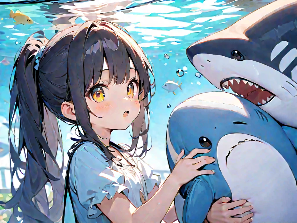 Light color,(( amazing irrational)),超 high res, Attention to Details , High Quality , high res, 最 High Quality , 4K, 8k, Embrace a stuffed shark、 cute、 black hair、 shortcuts、Aquarium Background、Twin girls、6 years old2people、A girl with blue and yellow eyes 、 holding hands、The height of ren who are the same age 、 does not change