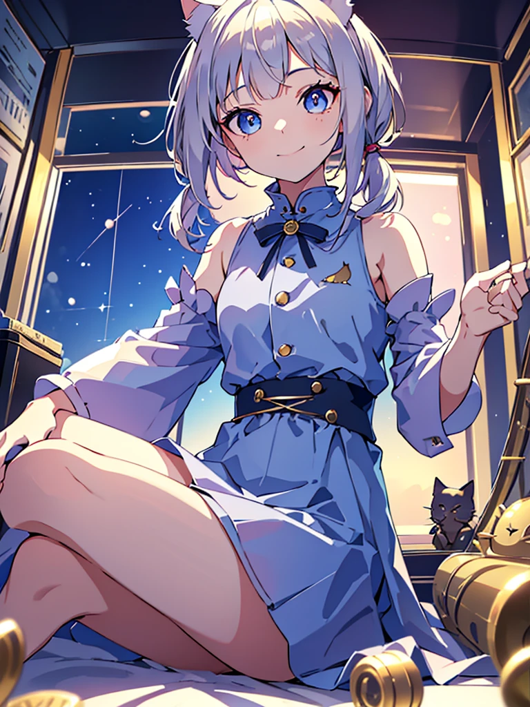 woman\( little , cute,Cute,Age 10,2 Pigtails,Curly Hair,  hair color cosmetic  , big eyes,Eye color cosmic , cute dress,[Cat ears:1.6],smile, dynamic pose\), break ,background\(internal, messy room sitting on an object, cute room,Lots of kittens\), break ,quality\(8k,極めて精細なCGユニットのwallpaper, ​masterpiece, high res,top-quality,top-quality real texture skin, surrealistic, increase resolution , RAW photo,最高のquality, very detailed,wallpaper, cinematic lighting, ray trace,Golden Ratio\),( kitten close-up:1.4),from below