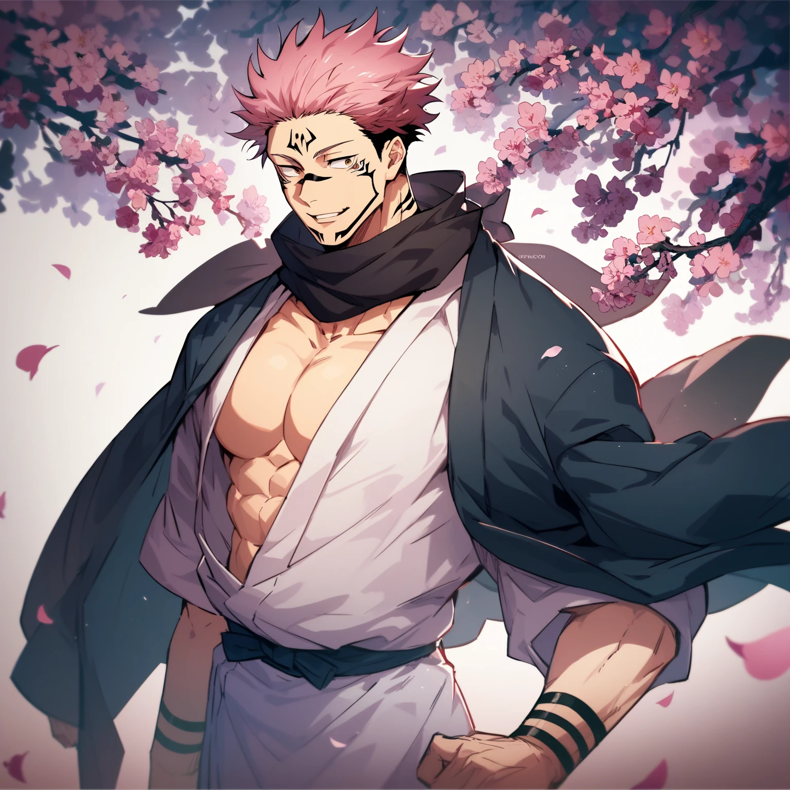 Only One,  pink-haired boy ,  hair backwards , Ojos rojos,  tabs , delicate ranges,  framed pectorals and muscles , Clothes: white kimono,  next to a black haori on her shoulders ,  arms tucked into Su Haori's sleeves, dark scarf around her neck ,  next to a cherry tree, Japanese residence ,  perfectly detailed image , Sukuna Ryomen ,  male  ,  Jujutsu Kaisen 