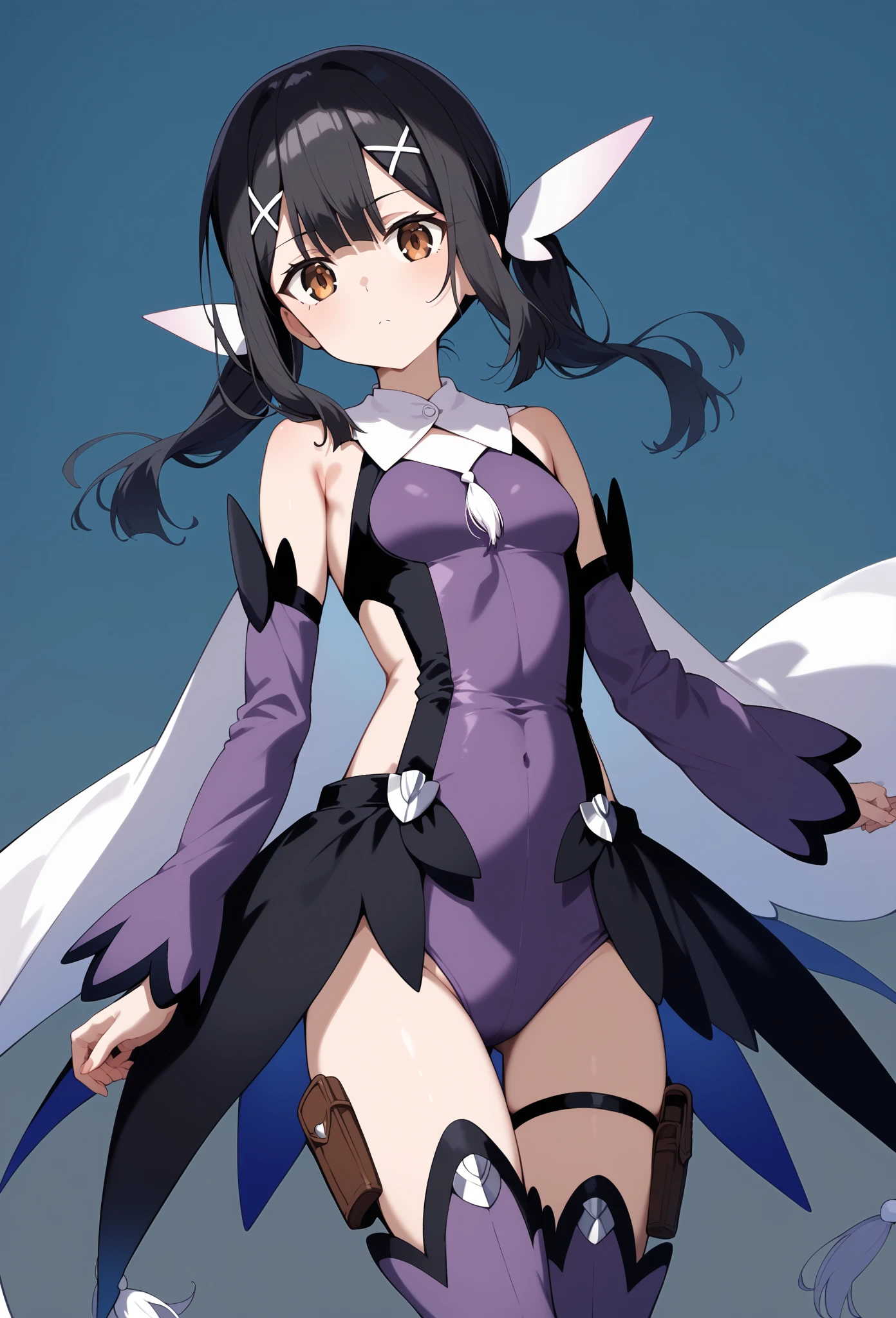 aamiyu, black hair, twintails, x hair ornament, brown eyes, small breasts, bare shoulders, magical girl, white cape, purple leotard, detached sleeves, purple sleeves, showgirl skirt, black skirt, thigh strap, thigh pouch, purple thighhighs