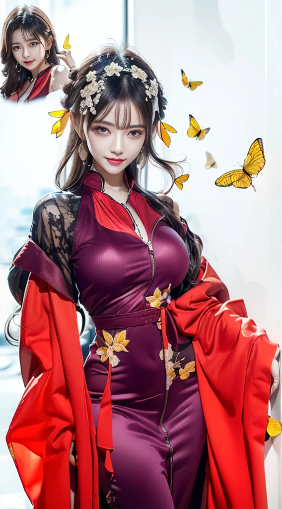 newchinesestylesuit, Beautiful dance dynamics , Sitting, Long legs , Calf((Flowing long hair))Official Art , Unity8k Wallpaper , Extremely detailed , Visible cleavage, Pretty and beautiful , Sexy long legs, masterpiece , best quality ,Practical, Very detailed illustrations ,Extremely detailed , Intricate details , Extremely complex and detailed , Very detailed 8KCG wallpaper , Caustics .reflection , Ray Tracing , Devil Theme ,nebula ,Dark aura, Network Effects , (1 Girl)Solitary , 小蓝Butterfly , Dozens of monarch butterflies around , (Blue plasma flame , (insect , Butterfly)) 圣光Butterfly天使 , Butterfly翅膀 , Pastel tones in Rococo style ,Light white and light dark red , Incredibly beautiful , Cherry blossoms , Surrealism ,painting , Ethereal , Mixing reality and fantasy elements ,Ray Tracing , Complex patterns , Delicate lines , Perfect your hands, Starry Sky , rich and colorful , Star