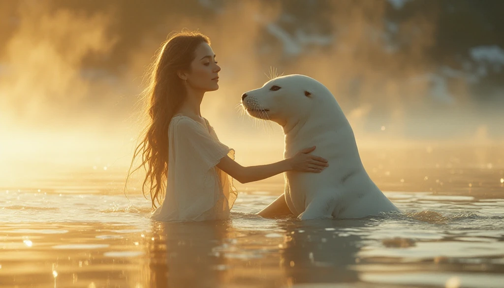 "A woman emerging gracefully from a calm, shimmering body of water, wearing a simple, delicate, thin white dress that clings lightly to her figure, with soft, natural folds. She has long, flowing hair, and her expression is peaceful and serene. Beside her, a white seal climbs out of the water and tenderly wraps its flippers around her in an affectionate embrace, its smooth, sleek fur glistening under the soft sunlight. The scene captures a harmonious moment, filled with a mystical and magical atmosphere. The setting is natural, surrounded by mist rising from the water, with the golden light of dawn or dusk casting gentle rays on the woman and seal. The colors are vibrant and contrast beautifully, with dynamic lighting highlighting the figures and the soft waves of the water. The image should feel like a masterpiece, with rich, highly detailed textures that bring out the peaceful, emotional connection between the woman and the seal. The photography style emphasizes realism, with soft shading on the figures, vibrant lighting, and high-resolution clarity, giving the scene an almost cinematic quality, rendered in 8k resolution."

This prompt creates a vision of your desired scene in a realistic photography style, highlighting the delicate details and dynamic atmosphere.



