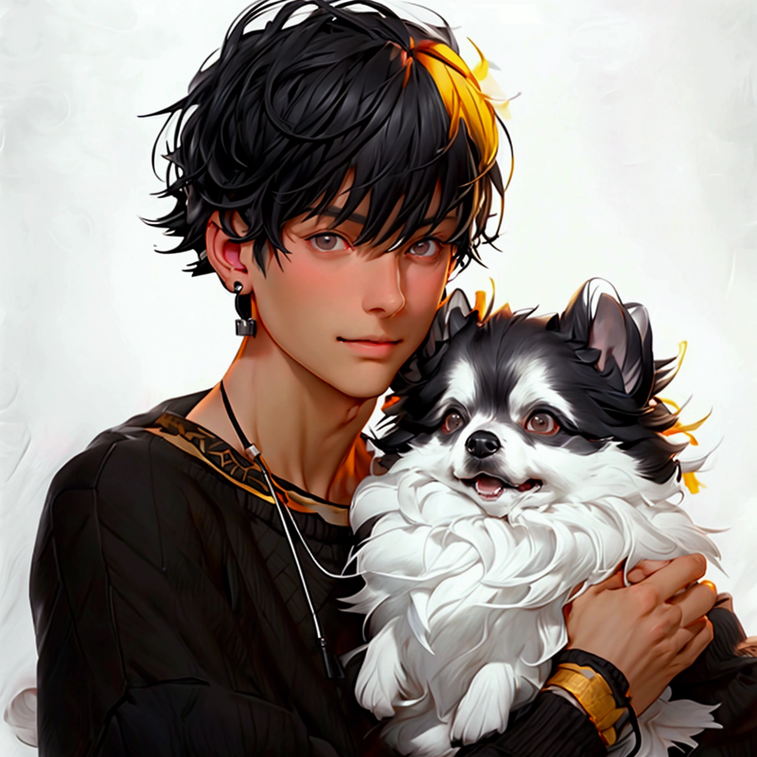 "A young man with bright dark hair, bright skin, and the soft expression , wearing an oversized black sweater.  He wears silver headphones around his neck and has earrings in his left ear .  The man hugs an adorable-looking white fluffy Pomeranian dog.  The background is plain white ,  gives full focus to the character of the man and his dog ."

