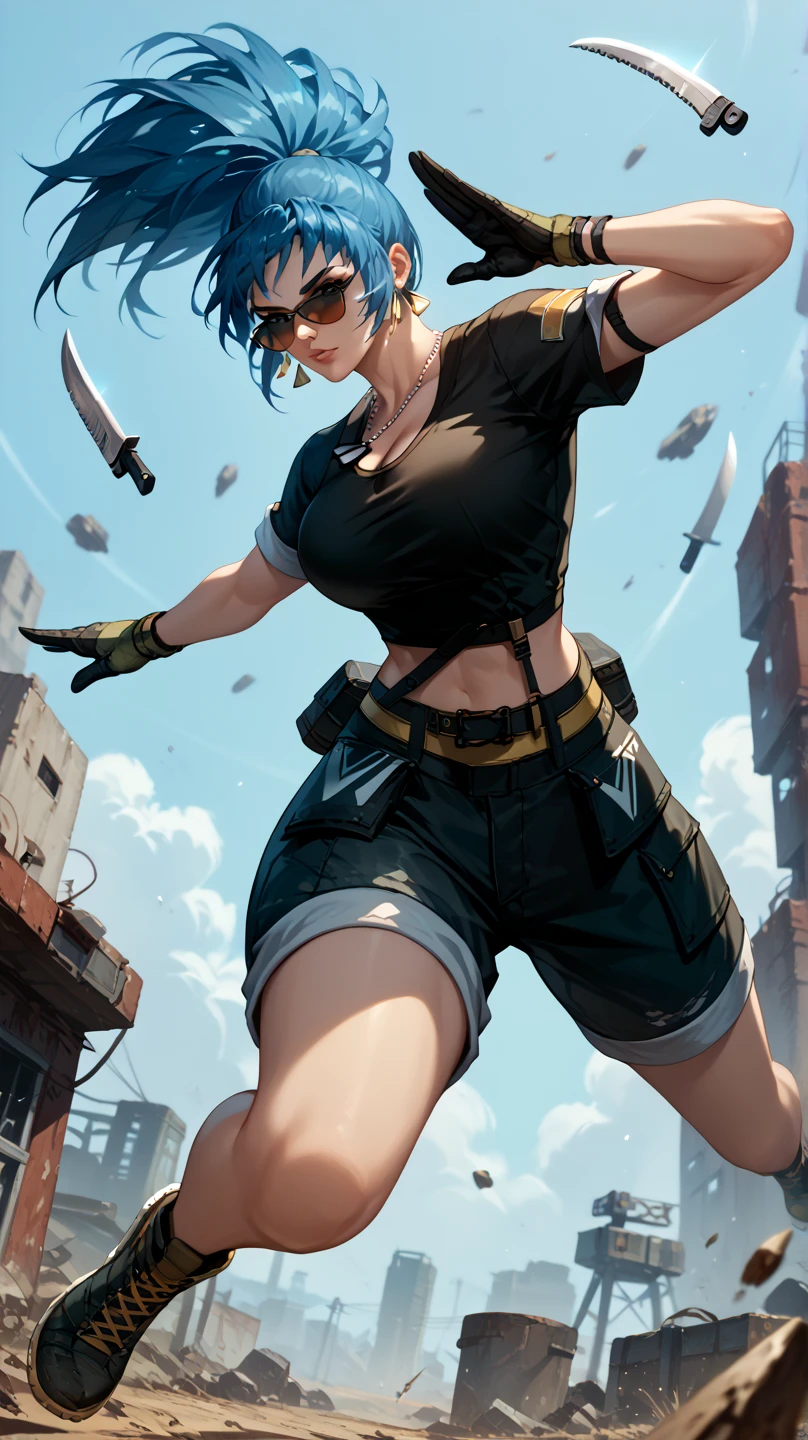 Sexy leona heidern,  Dark blue hair , triangle earrings, dog tags,  on a wasteland, pose sexy,  with sunglasses,  black sleeveless t-shirt with yellow details fitted, jumping and attacking , with a combat knife in his hand , View from below, 