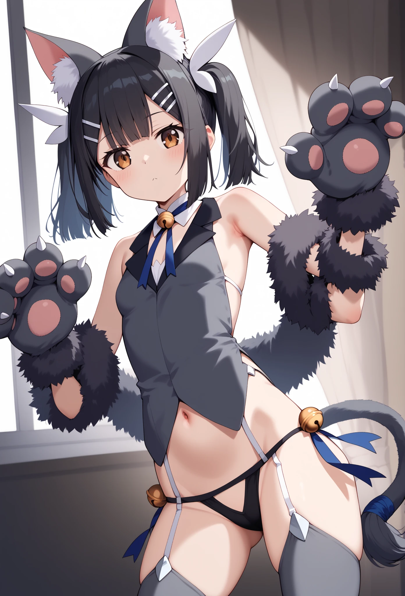 aamiyu, black hair, twintails, animal ears, hairclip, brown eyes, cat tail, small breasts, detached collar, bell, blue ribbon, grey vest, sleeveless, fur trim, animal hands, grey gloves, black panties, garter straps, grey thighhighs