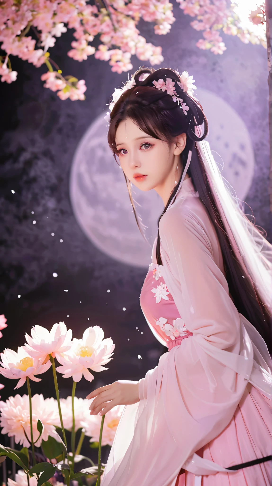 Pink Hair、 wearing a pink dress、头发上有花朵的Anime Girl, very 美丽的Anime Girl, 美丽的Anime Girl, beautiful fantasy anime , Gu Weiss, Anime Girl, 美丽的Anime Girl, very pretty cute girl, pink flower , background blur, Anime style 4K, Anime fantasy work , 4k anime wallpaper, Guvez style artwork
