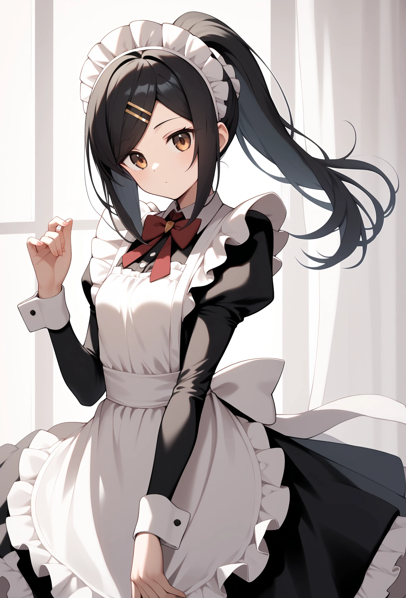 aamiyu, long hair, black hair, ponytail, maid headdress, swept bangs, hairclip, brown eyes, small breasts, maid, frills, red bowtie, black dress, long sleeves, wrist cuffs, maid apron, white apron